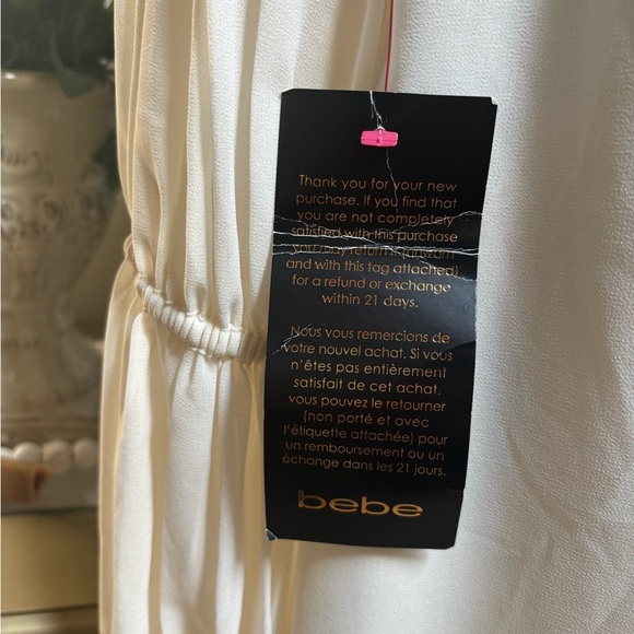 BeBe PLUNGING OFF WHITE V-NECK MINI SHIFT DRESS SHEER SLEEVES FORMAL NWT SZ M - Picture 6 of 14